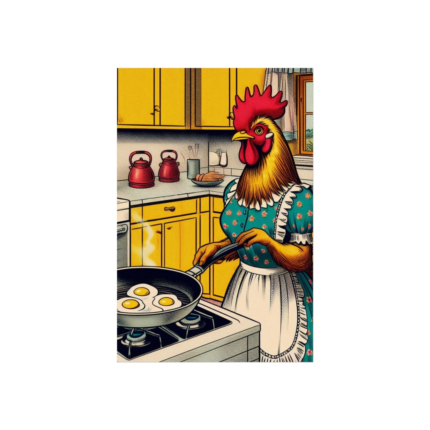 Funny Fine Art Poster, Chicken Cooking Eggs, Detailed Minimalist Comic Strip Style Design, Original Art, Custom Print, Made to Order