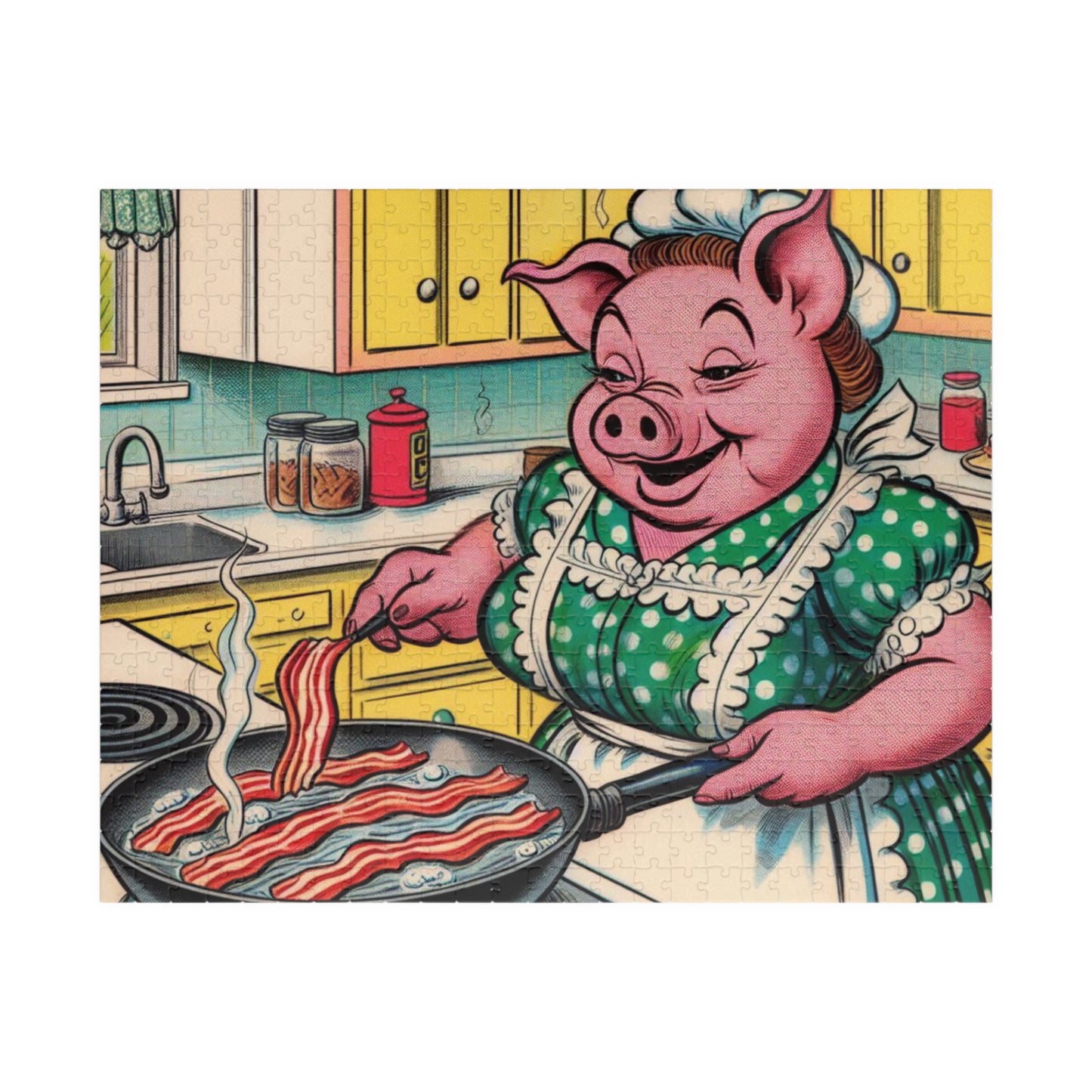 Funny Animal Puzzle, Pig Frying Bacon, Original Design for Made to Order Jigsaw, Great Relaxation or Mindfulness Activity