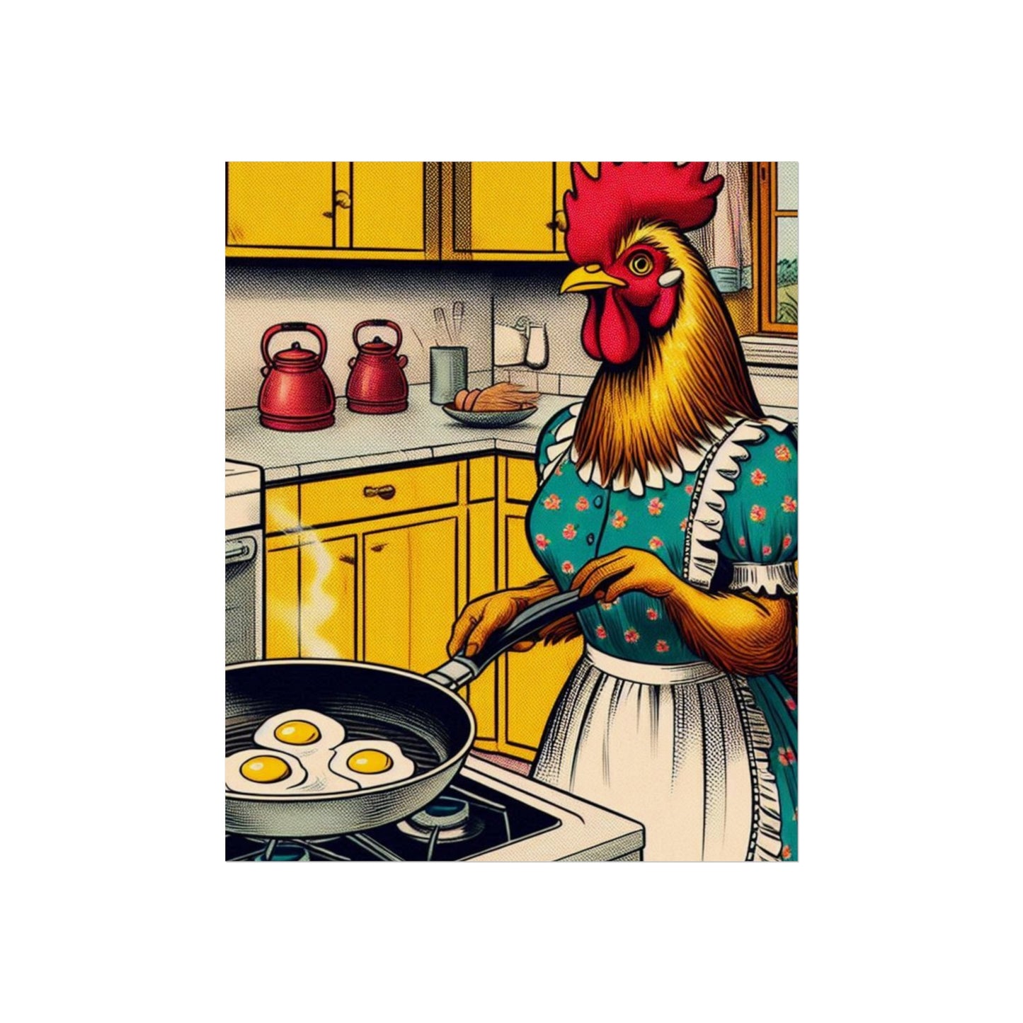 Funny Fine Art Poster, Chicken Cooking Eggs, Detailed Minimalist Comic Strip Style Design, Original Art, Custom Print, Made to Order