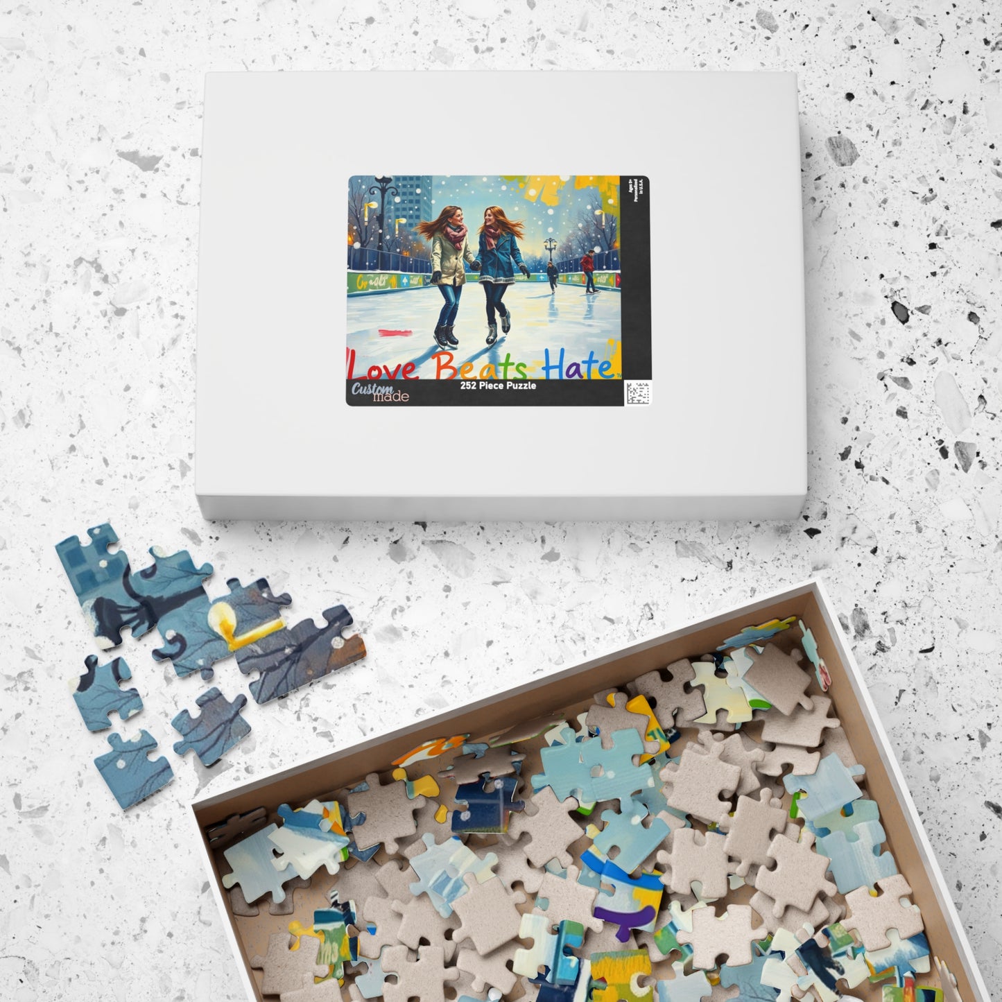 Puzzle, lgbtq love beats hates lesbian couple ice skating, jigsaw game gift, unique present, home decor, stress relief, brain teaser