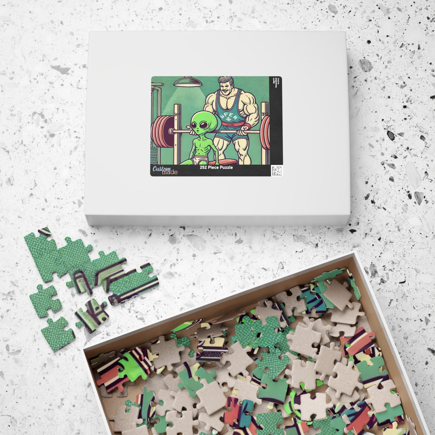 Funny Jigsaw Puzzle, Alien Lifting Weights, Comic Book Style Illustration, Relaxation, Mindfulness Activity, Educational Toy,