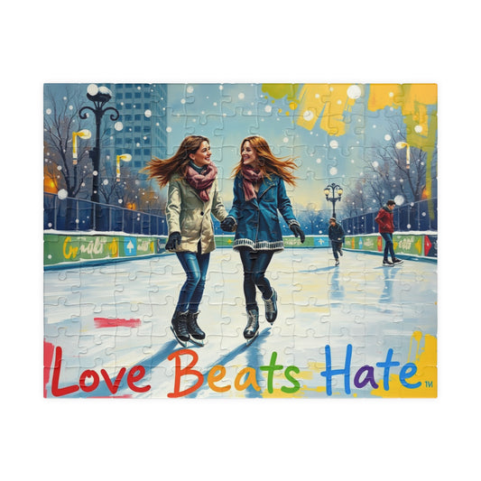 Puzzle, lgbtq love beats hates lesbian couple ice skating, jigsaw game gift, unique present, home decor, stress relief, brain teaser