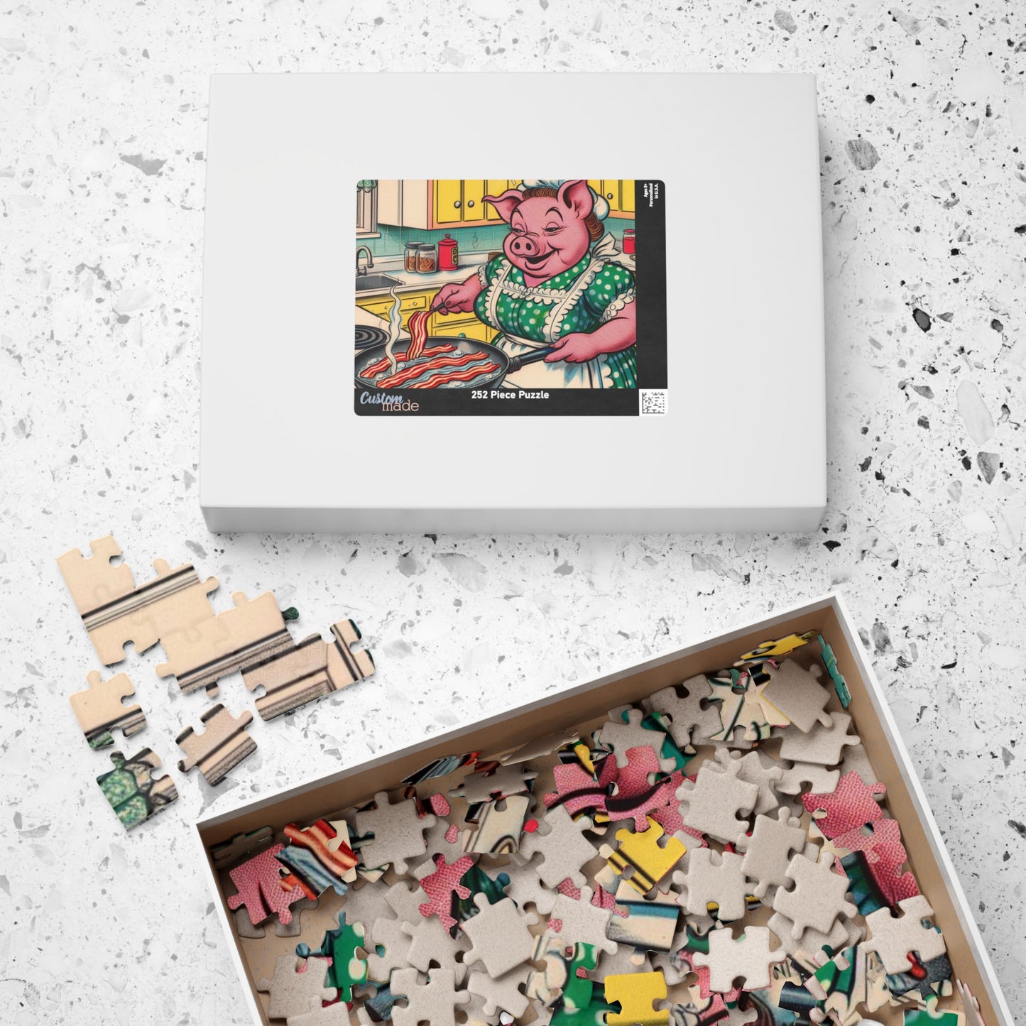 Funny Animal Puzzle, Pig Frying Bacon, Original Design for Made to Order Jigsaw, Great Relaxation or Mindfulness Activity