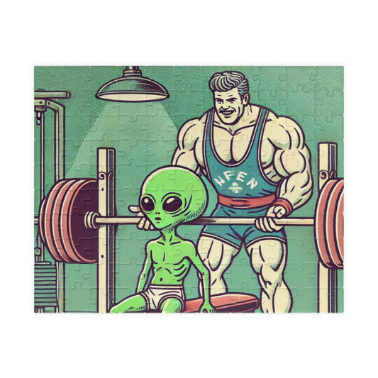 Funny Jigsaw Puzzle, Alien Lifting Weights, Comic Book Style Illustration, Relaxation, Mindfulness Activity, Educational Toy,