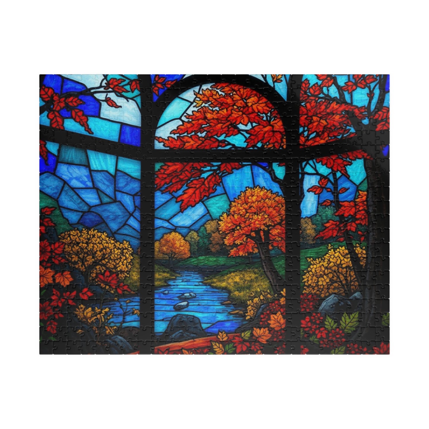 Brain Teaser Puzzle, Stained Glass Fall Scene Jigsaw, Nature Lover Gift Toy, 110 252 520 1014-Piece, Thanksgiving Activity, Mind Game, Adult