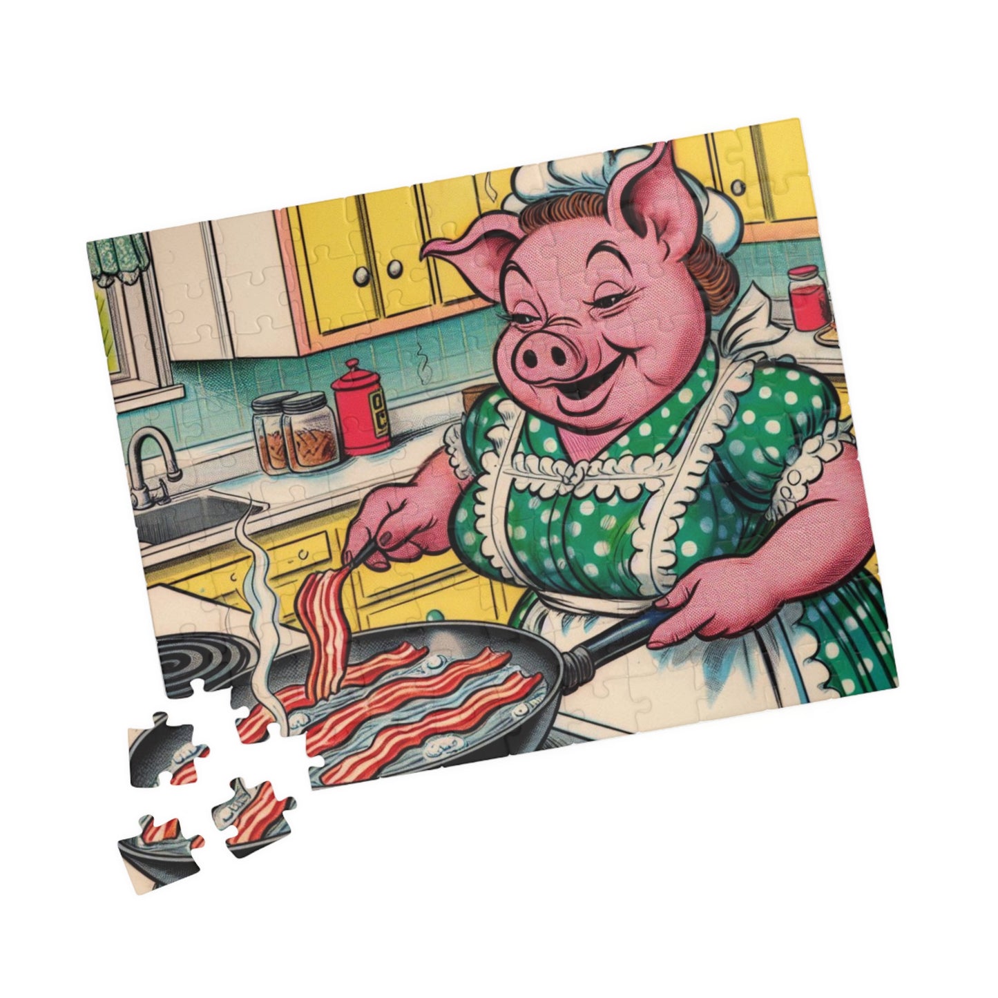 Funny Animal Puzzle, Pig Frying Bacon, Original Design for Made to Order Jigsaw, Great Relaxation or Mindfulness Activity