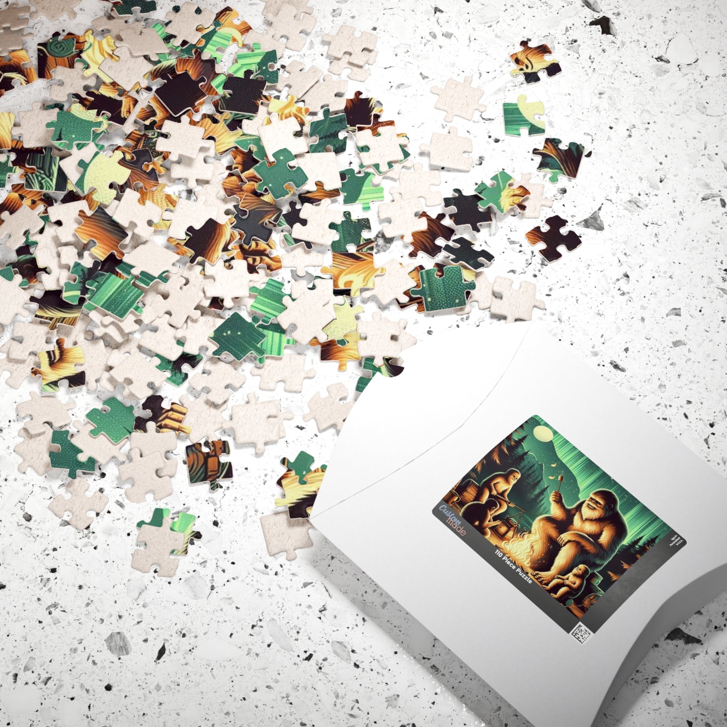 Bigfoot Jigsaw Puzzle, Detailed Minamalist Campout Design Beneath the Northern Lights