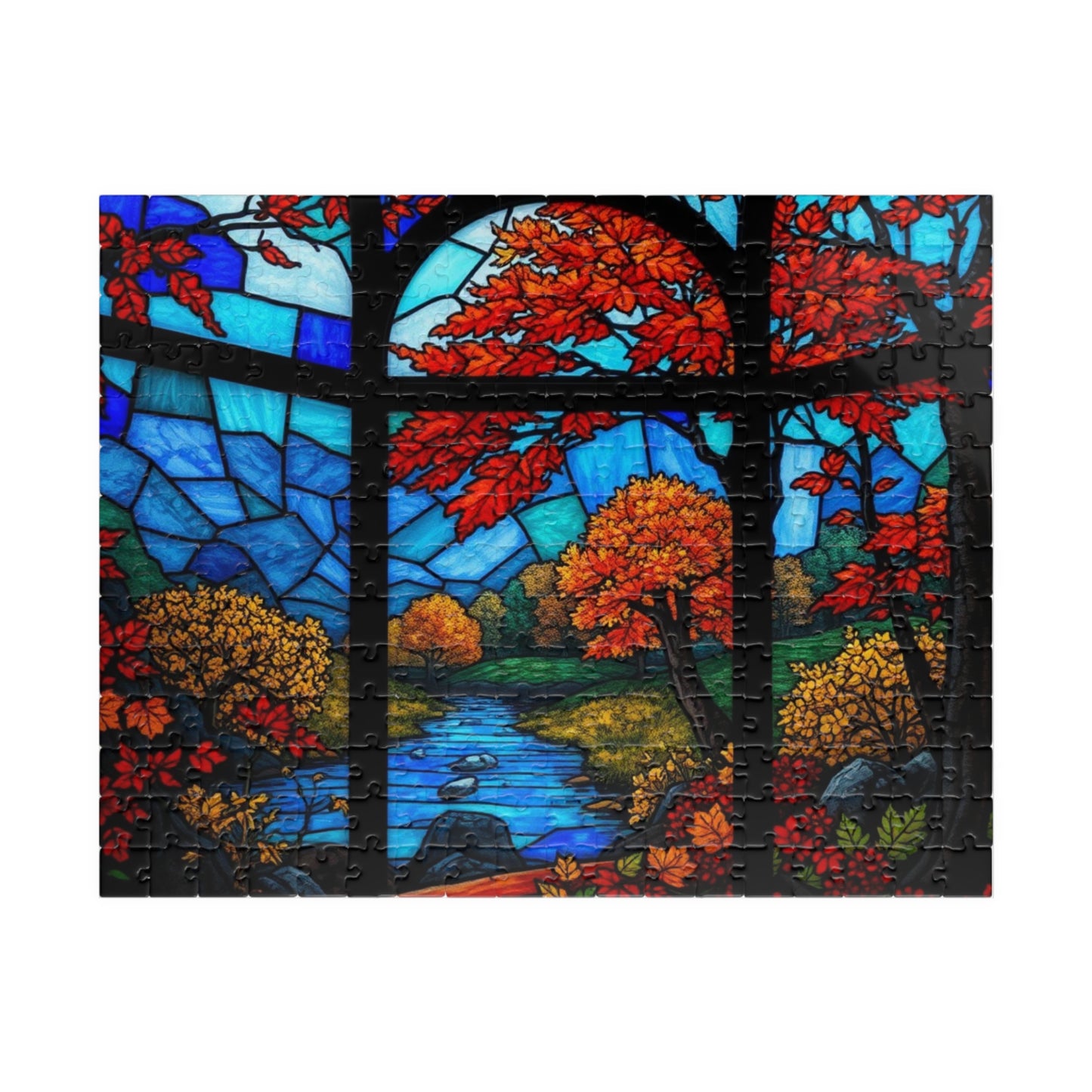 Brain Teaser Puzzle, Stained Glass Fall Scene Jigsaw, Nature Lover Gift Toy, 110 252 520 1014-Piece, Thanksgiving Activity, Mind Game, Adult