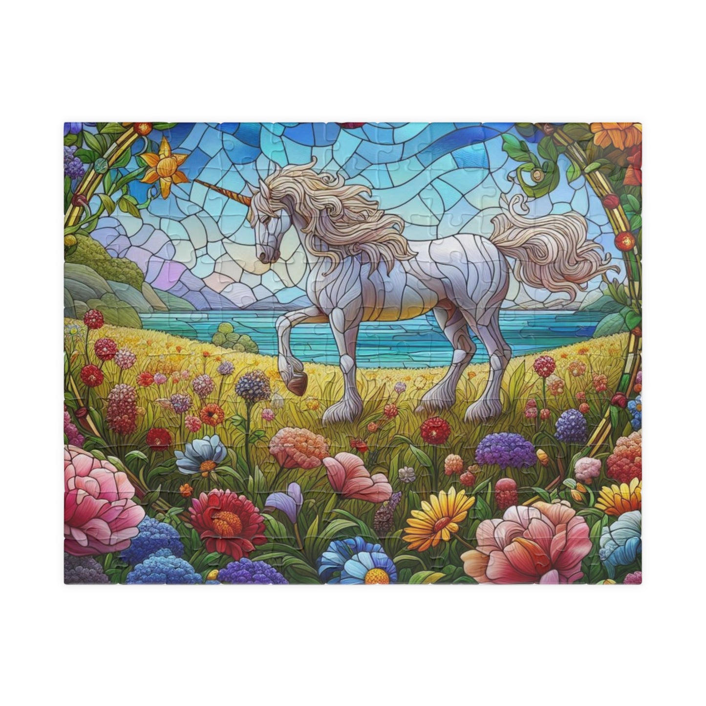 Stained Glass Unicorn Grazing in Field Full of Flowers Puzzle