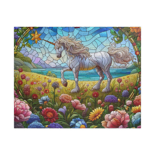 Stained Glass Unicorn Grazing in Field Full of Flowers Puzzle