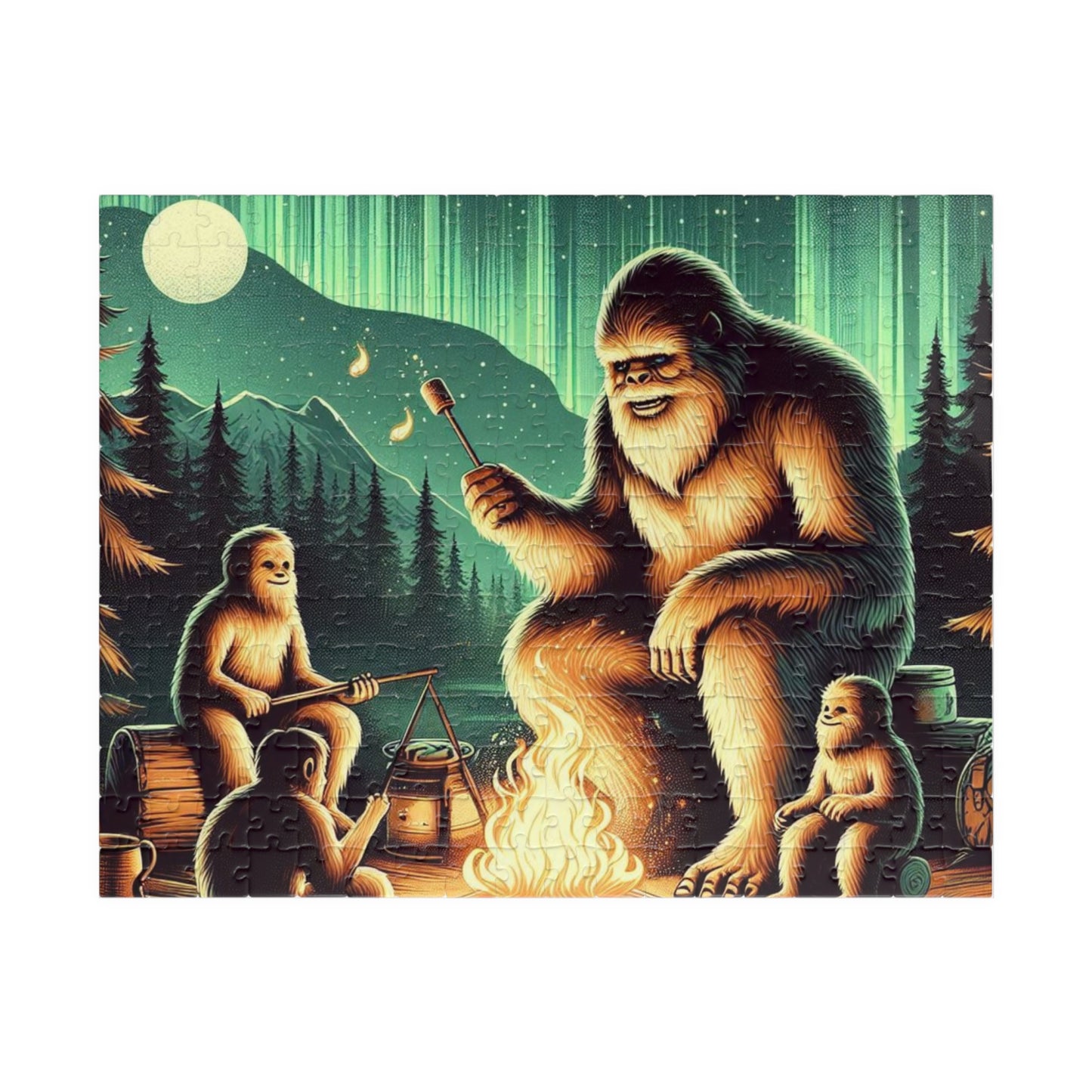 Bigfoot Jigsaw Puzzle, Detailed Minamalist Campout Design Beneath the Northern Lights