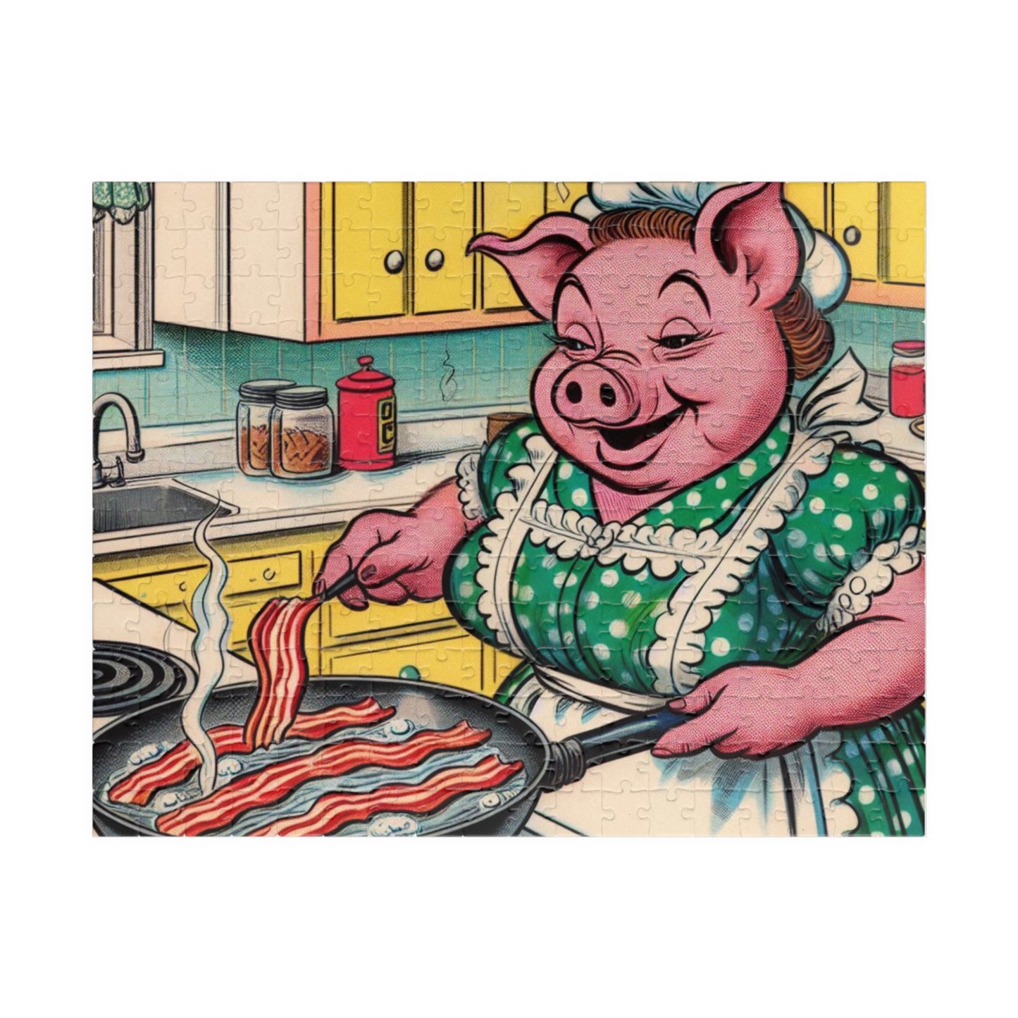 Funny Animal Puzzle, Pig Frying Bacon, Original Design for Made to Order Jigsaw, Great Relaxation or Mindfulness Activity