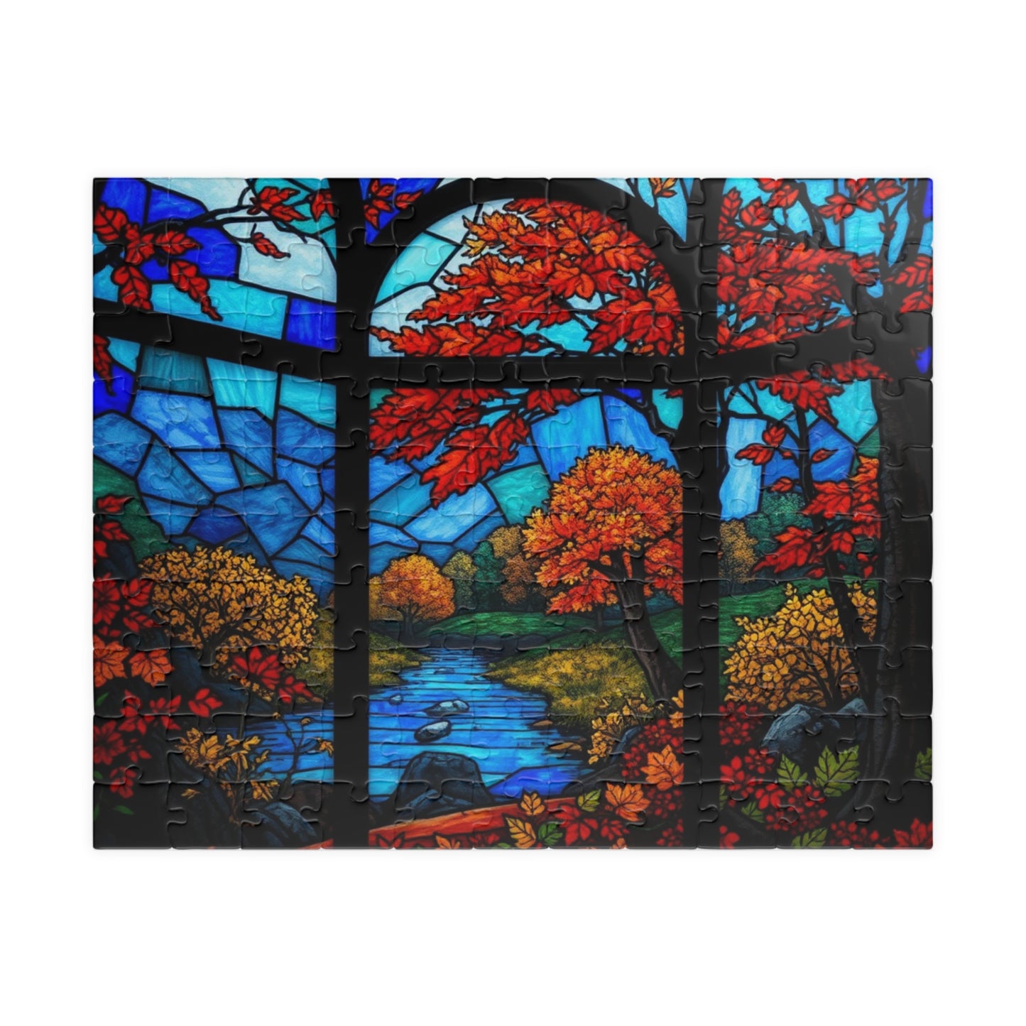 Brain Teaser Puzzle, Stained Glass Fall Scene Jigsaw, Nature Lover Gift Toy, 110 252 520 1014-Piece, Thanksgiving Activity, Mind Game, Adult