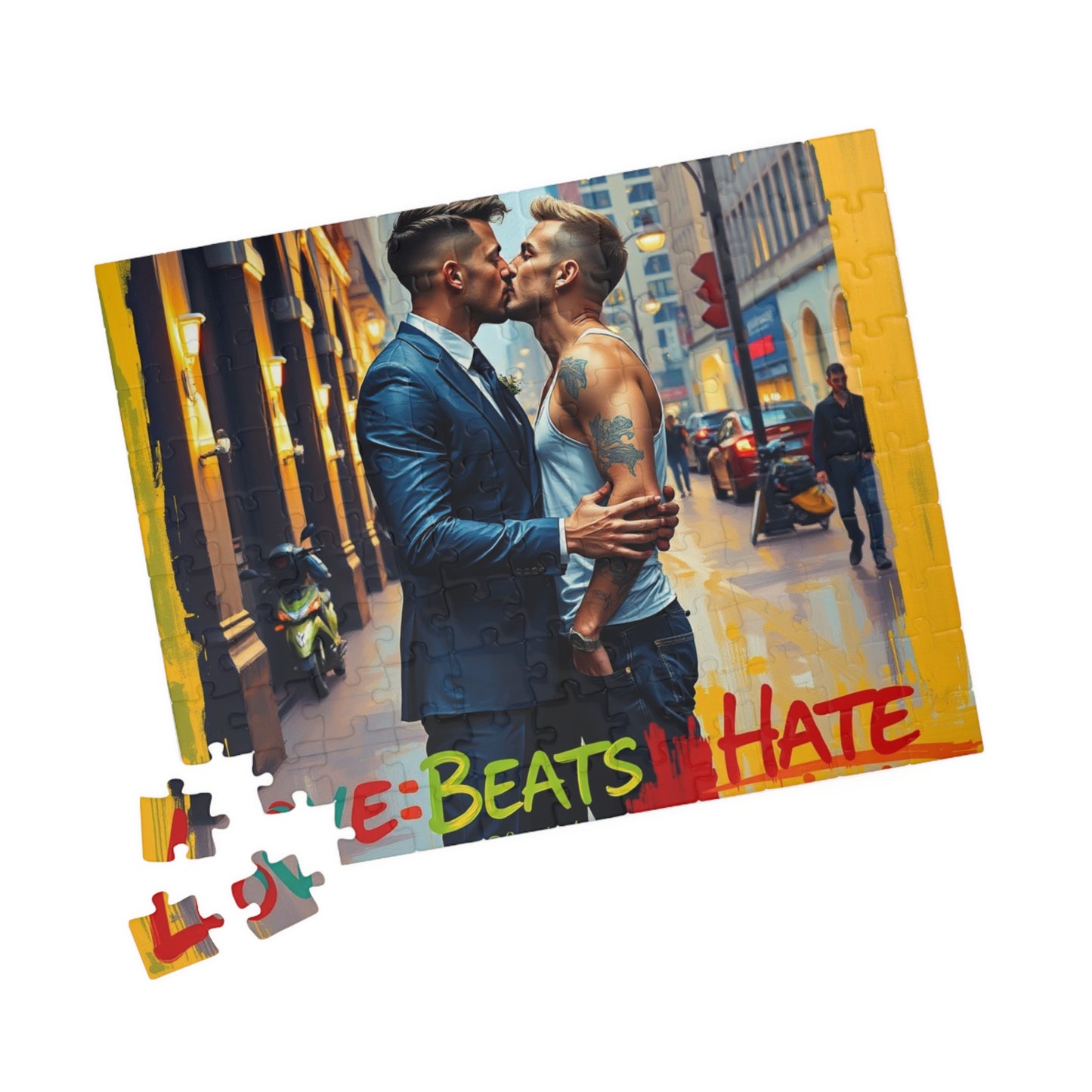 Puzzle, LGBTQ Gay Men Share Kiss Love Equality Acceptance Jigsaw, LGBTQ Pride Art, Mindfulness Game, Relaxation Activity, Home Decor Puzzle