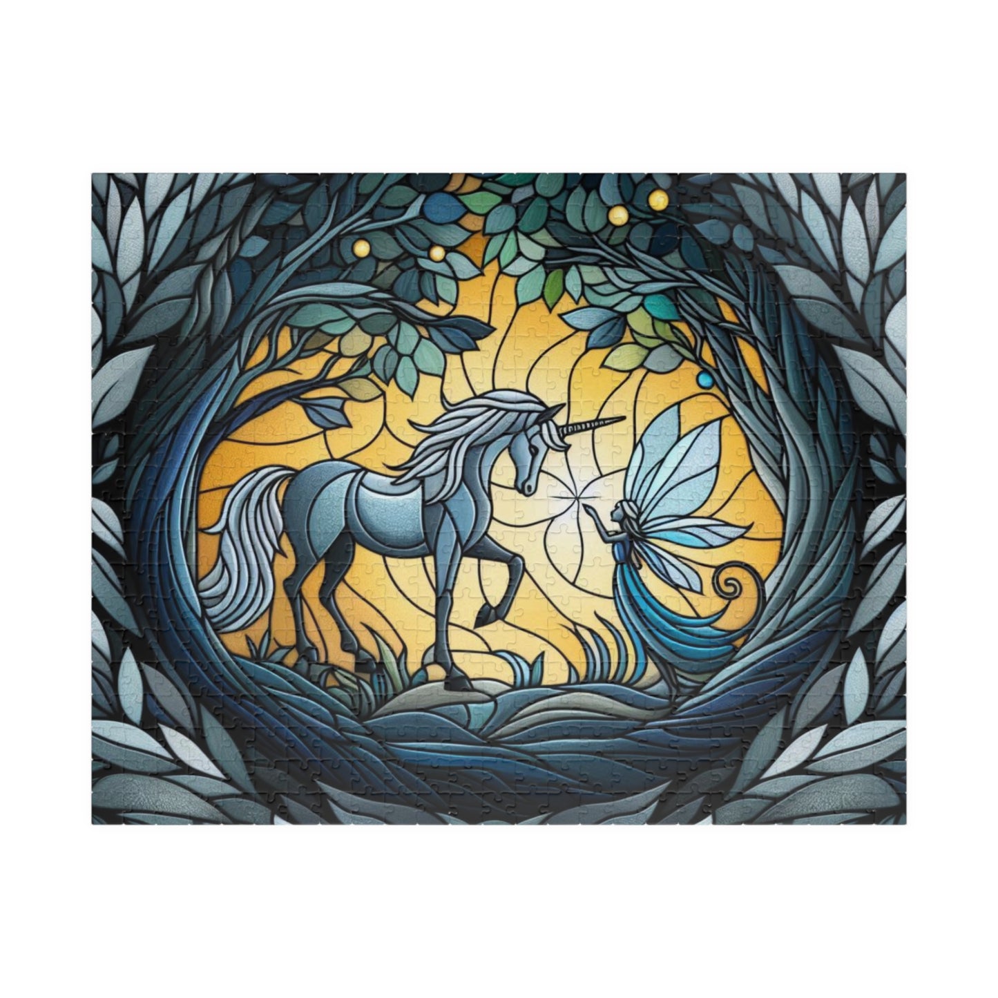 Puzzle: Stained Glass Unicorn and Fairy Forest Scene - Brain Teaser, Jigsaw, Family Fun, Great Gift, 110, 252, 520, 1014-piece