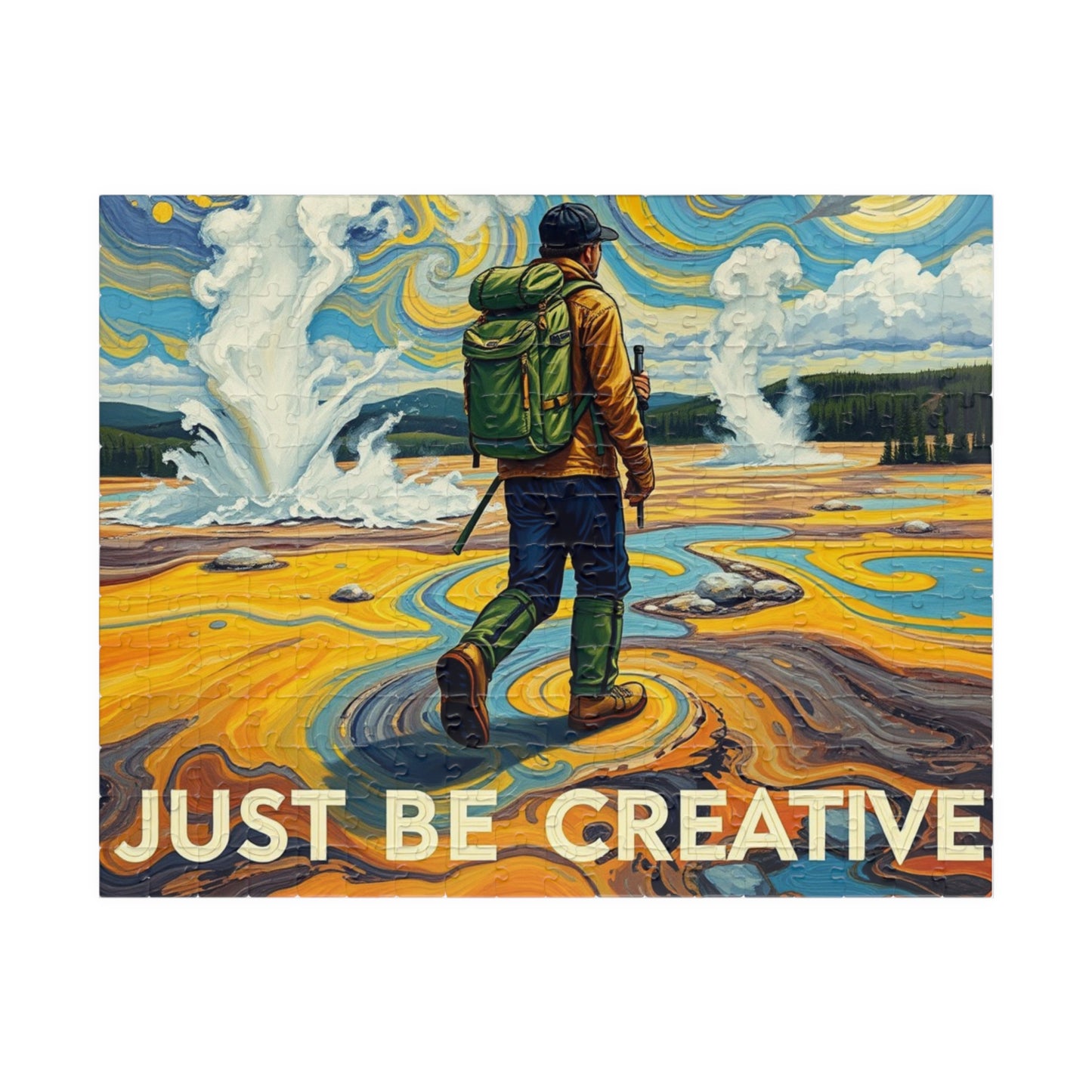 Surreal Old Faithful Hiker Art Puzzle Van Gogh Inspired Yellowstone Dream