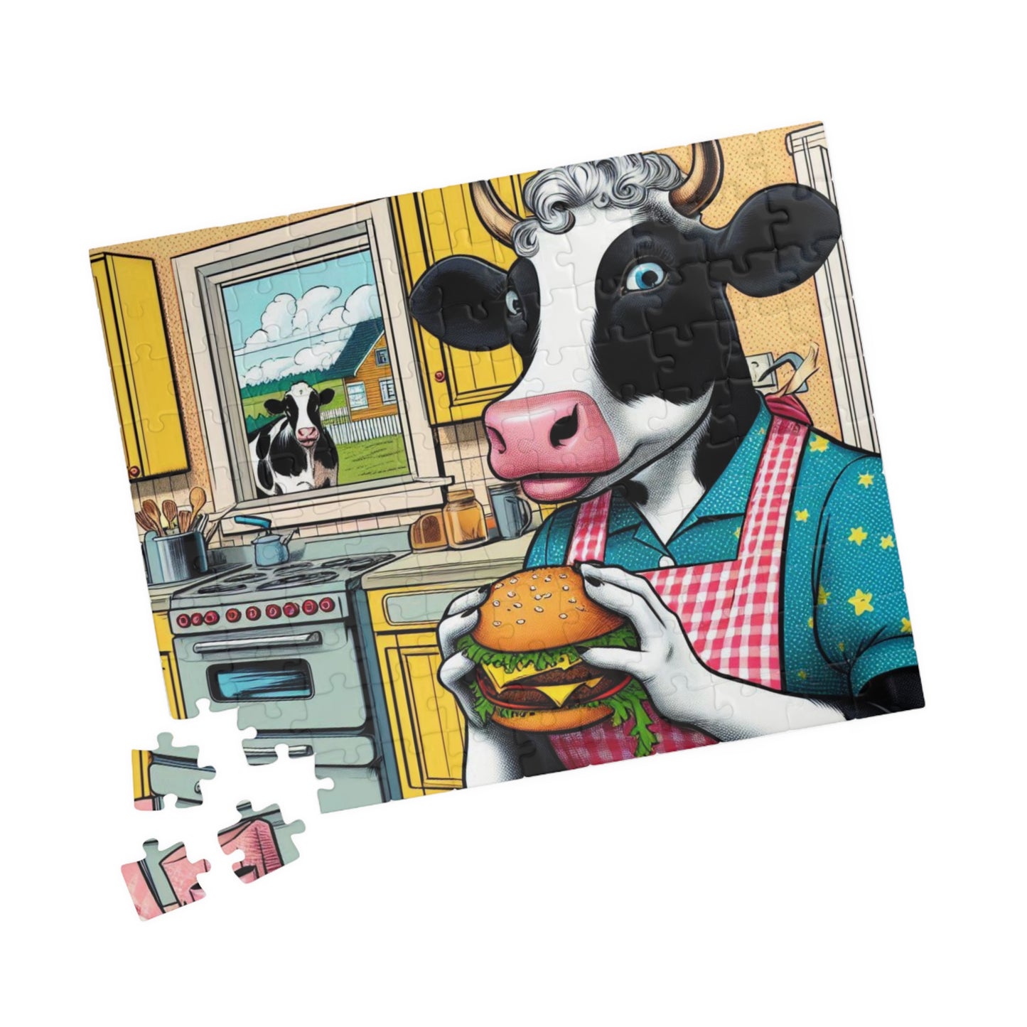 Funny Puzzle, Cow Eating Cheeseburger, Brainteaser, Relaxation Activity, Educational Toy, Great Gift for Jigsaw Lovers