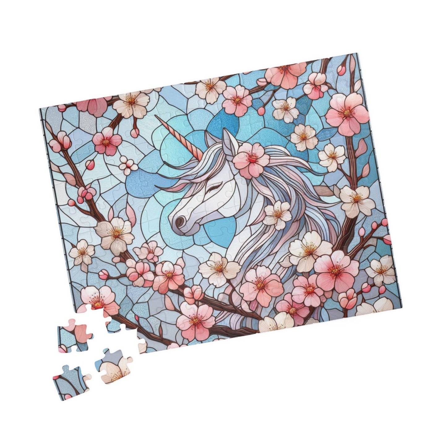 Puzzle Stained Glass Cherry Blossom Unicorn Fantasy Lover Nature Lover Brain Teaser Family Fun, Relaxation Great Gift Toy, Board Game,