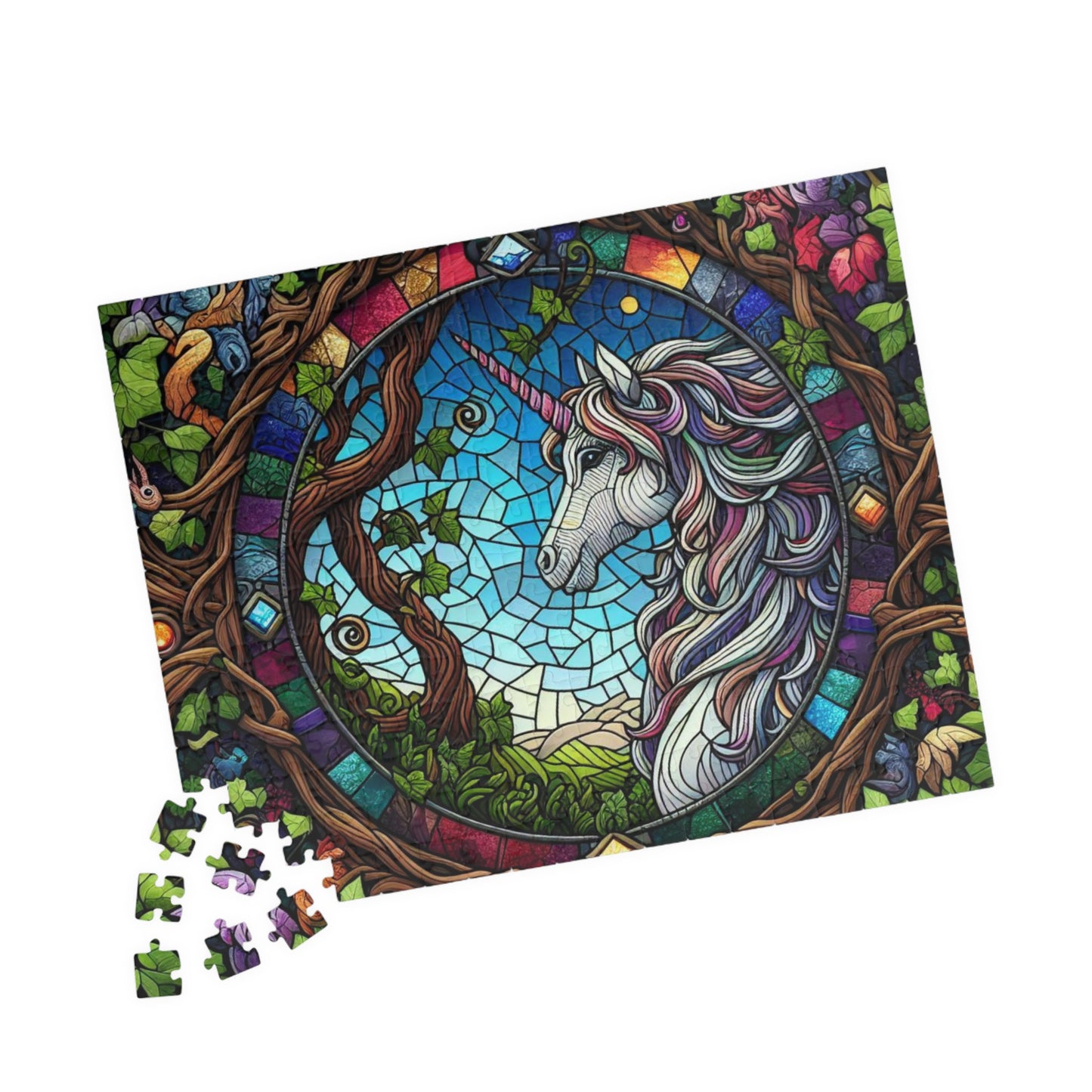 Jigsaw Puzzle, Stained Glass Unicorn Fantasy Forest Design Brain Teaser Game, Gift for Adults and Kids, 520-Piece, Home Activity