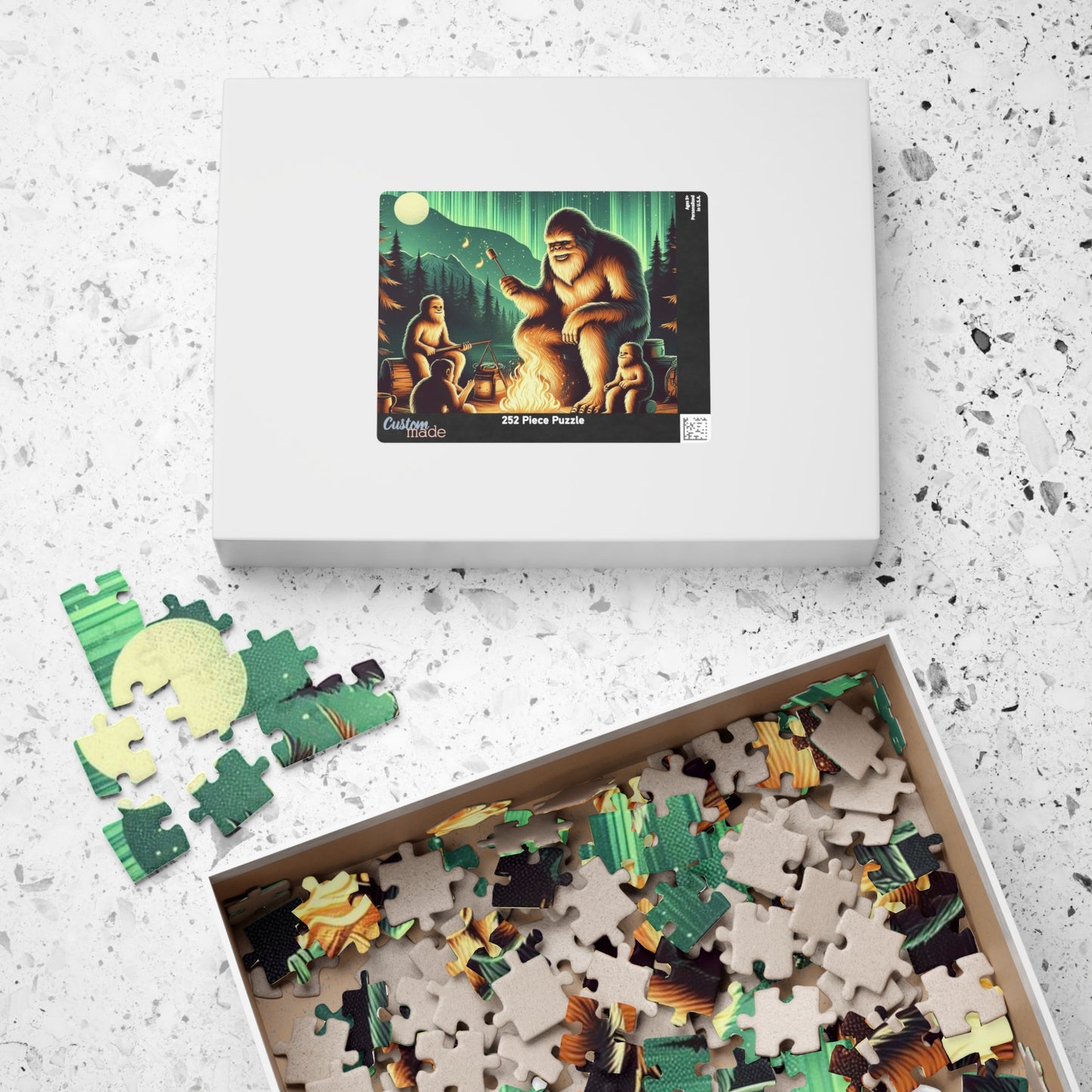 Bigfoot Jigsaw Puzzle, Detailed Minamalist Campout Design Beneath the Northern Lights