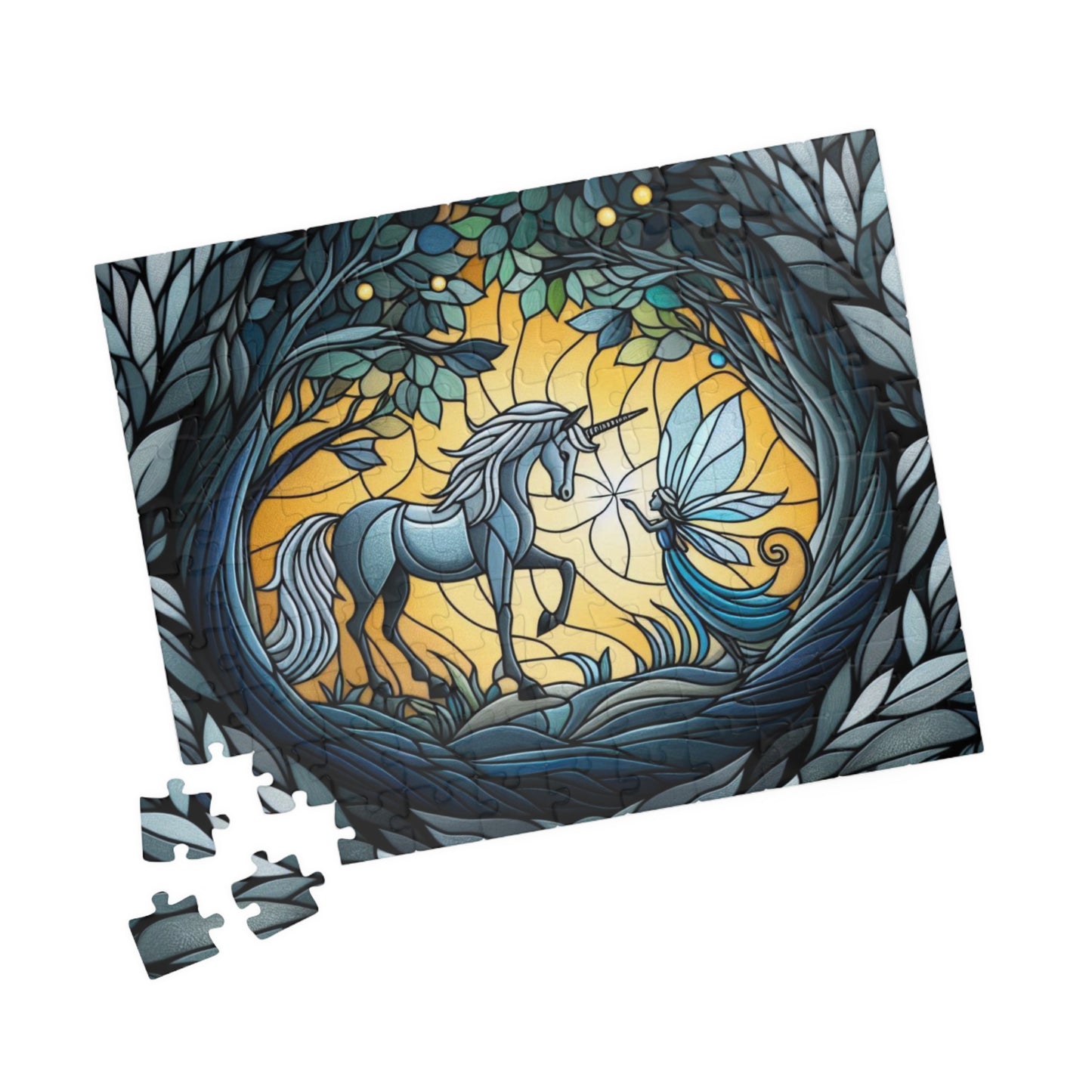 Puzzle: Stained Glass Unicorn and Fairy Forest Scene - Brain Teaser, Jigsaw, Family Fun, Great Gift, 110, 252, 520, 1014-piece