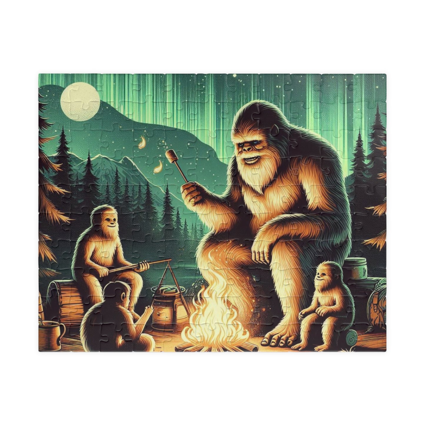 Bigfoot Jigsaw Puzzle, Detailed Minamalist Campout Design Beneath the Northern Lights