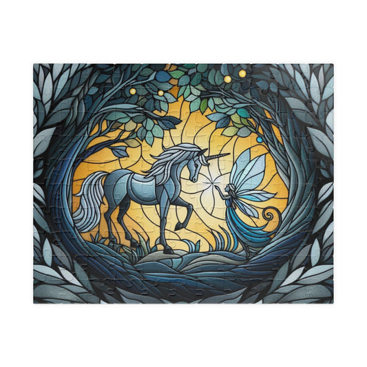 Puzzle: Stained Glass Unicorn and Fairy Forest Scene - Brain Teaser, Jigsaw, Family Fun, Great Gift, 110, 252, 520, 1014-piece