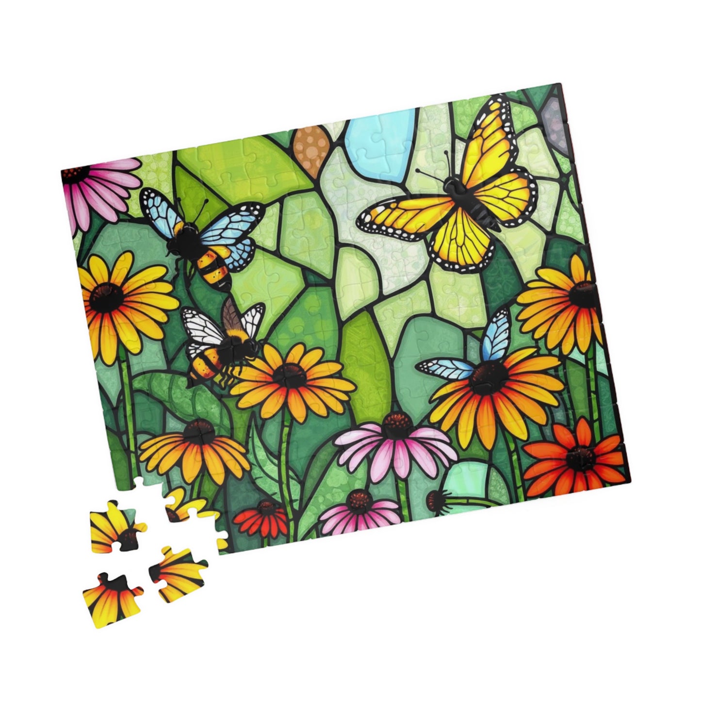 Puzzle Stained Glass Garden 520-Piece, Flowers Bees Wildflowers Nature Brain Teaser Gift