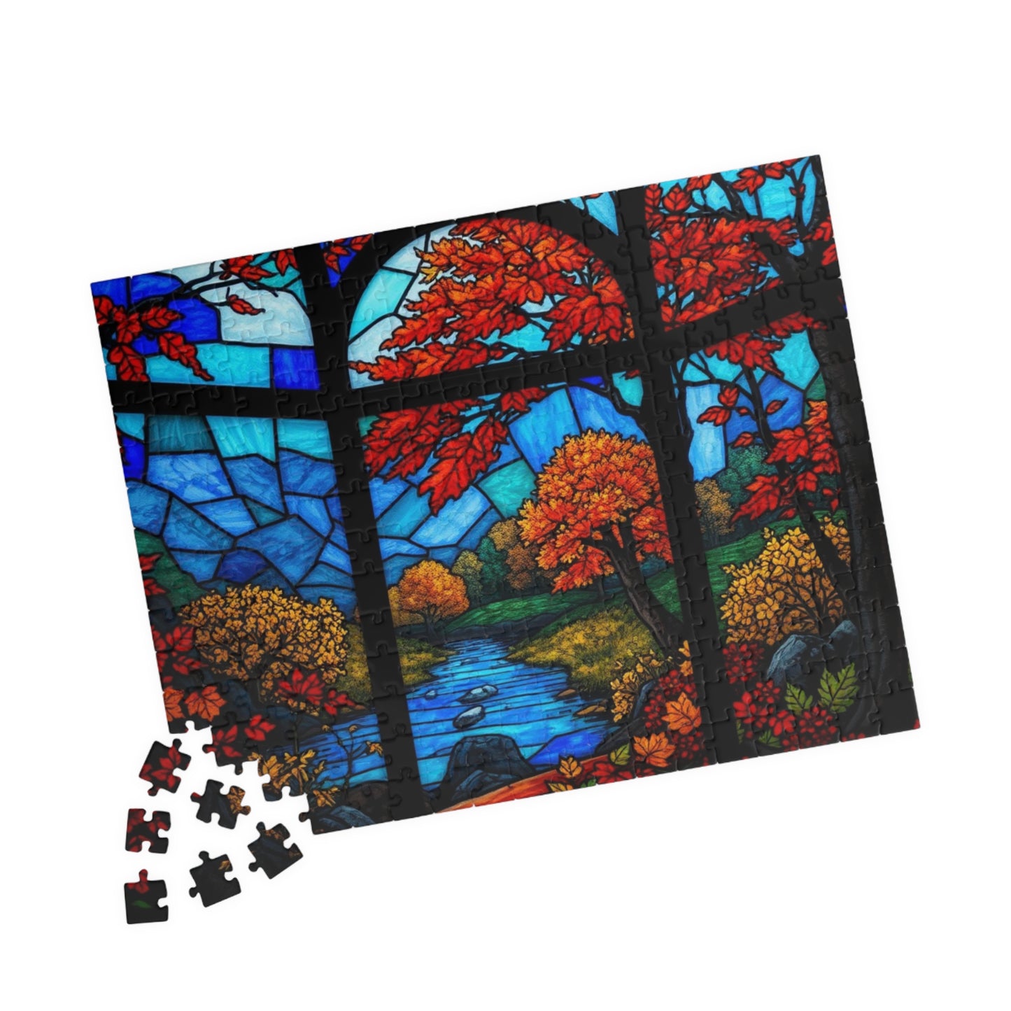 Brain Teaser Puzzle, Stained Glass Fall Scene Jigsaw, Nature Lover Gift Toy, 110 252 520 1014-Piece, Thanksgiving Activity, Mind Game, Adult