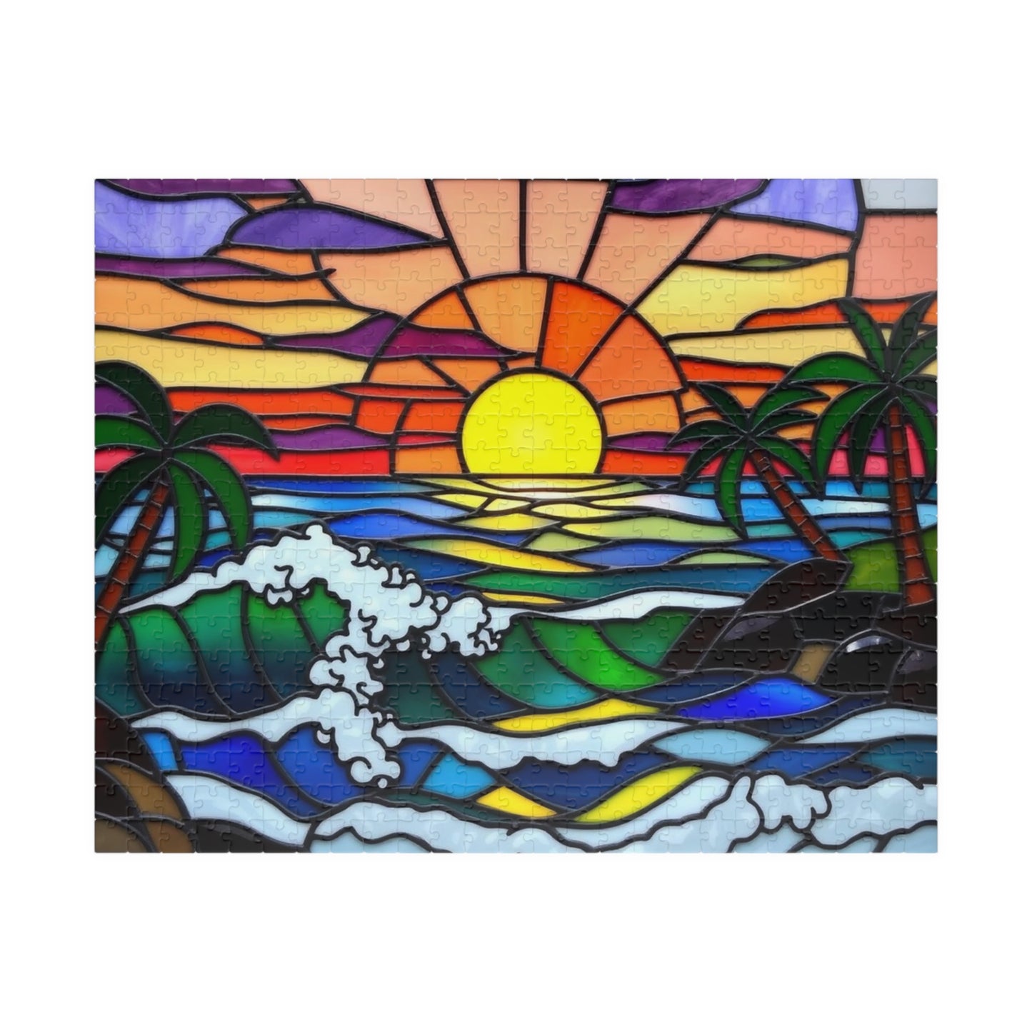 Puzzle, Stained Glass Beach Scene Jigsaw, 110 252 520 1014-Piece, Ocean Life, Sea Creatures, Coastal Puzzle, Relaxing Activity, Mindful