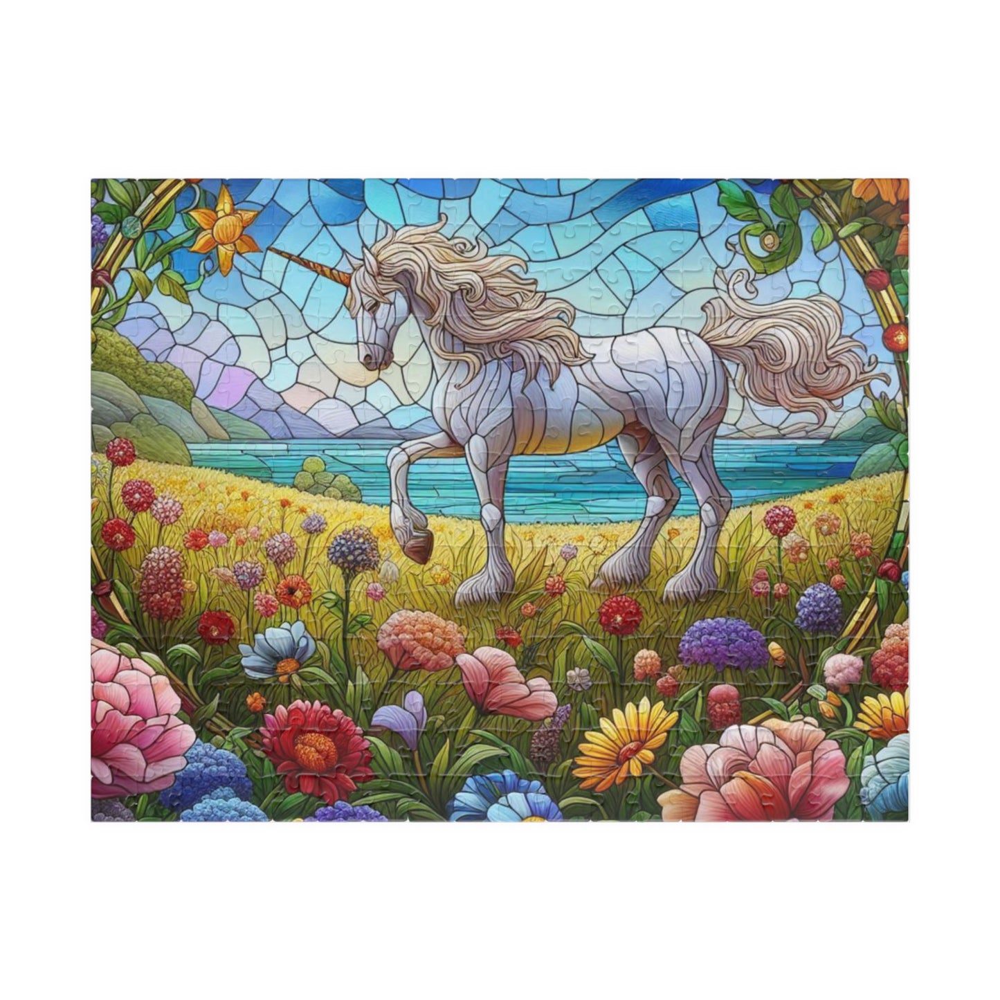 Stained Glass Unicorn Grazing in Field Full of Flowers Puzzle