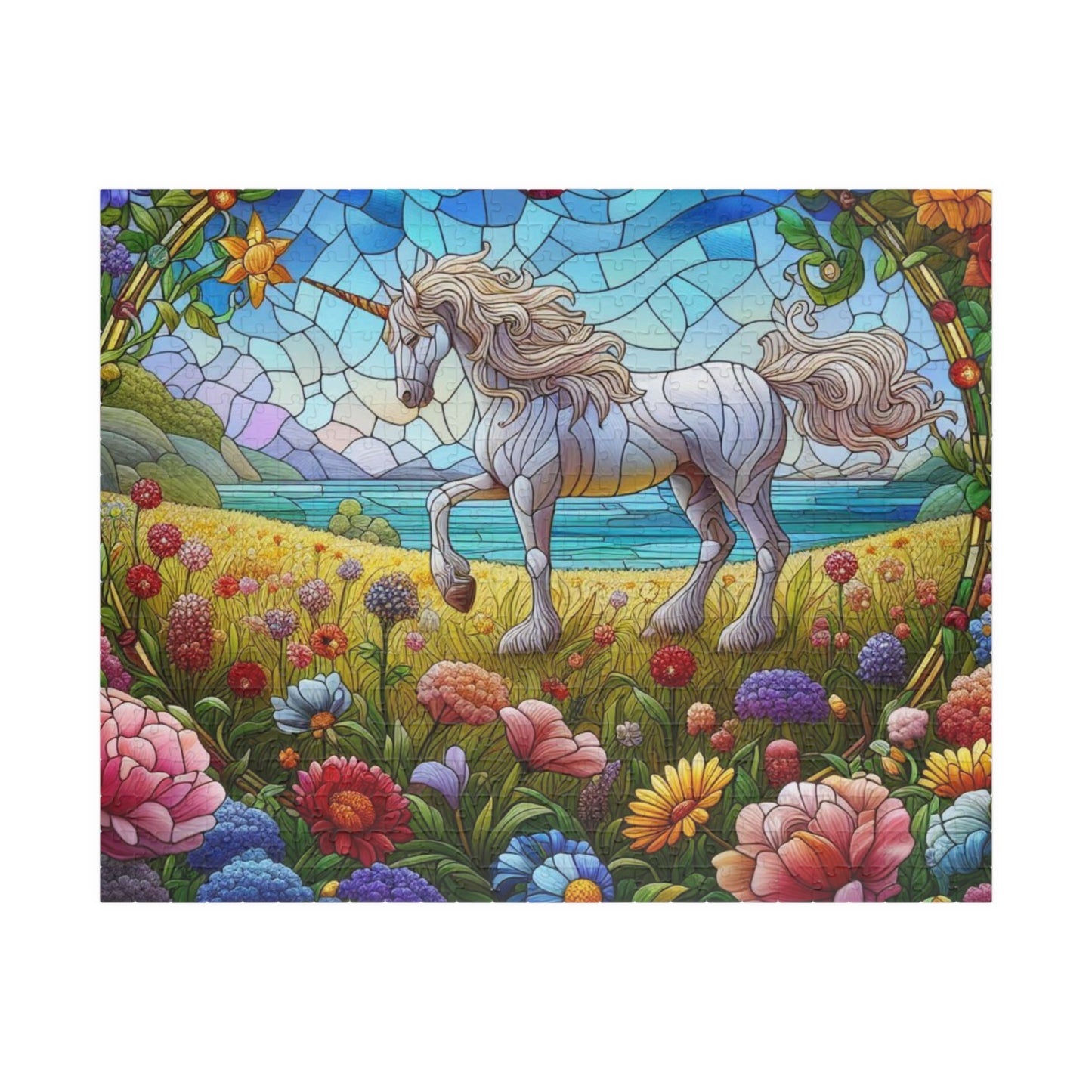 Stained Glass Unicorn Grazing in Field Full of Flowers Puzzle