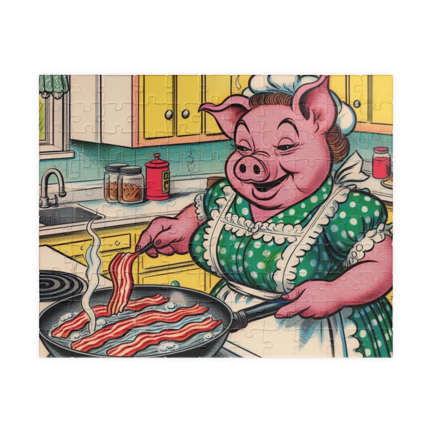 Funny Animal Puzzle, Pig Frying Bacon, Original Design for Made to Order Jigsaw, Great Relaxation or Mindfulness Activity