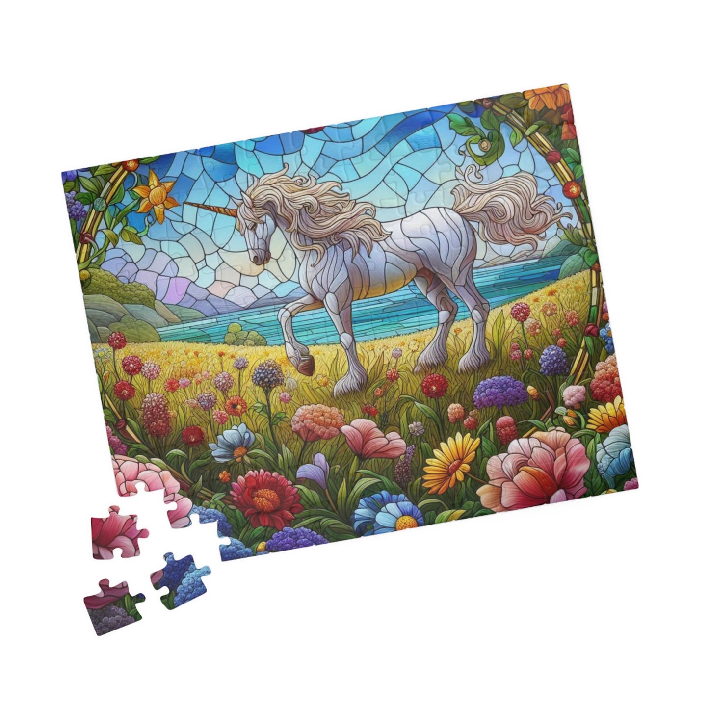 Stained Glass Unicorn Grazing in Field Full of Flowers Puzzle