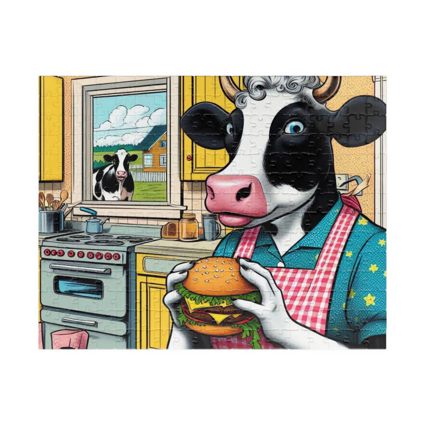 Funny Puzzle, Cow Eating Cheeseburger, Brainteaser, Relaxation Activity, Educational Toy, Great Gift for Jigsaw Lovers