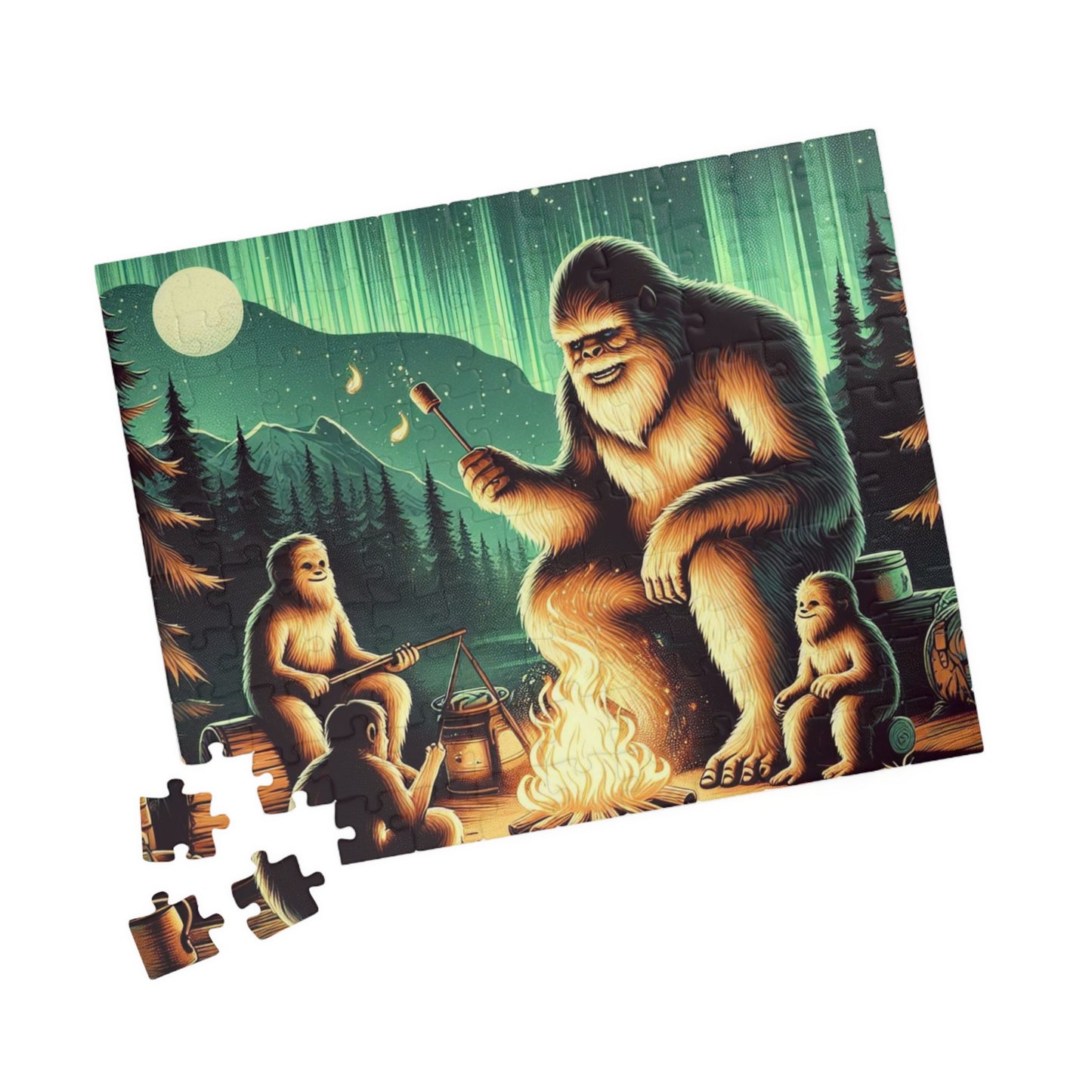 Bigfoot Jigsaw Puzzle, Detailed Minamalist Campout Design Beneath the Northern Lights