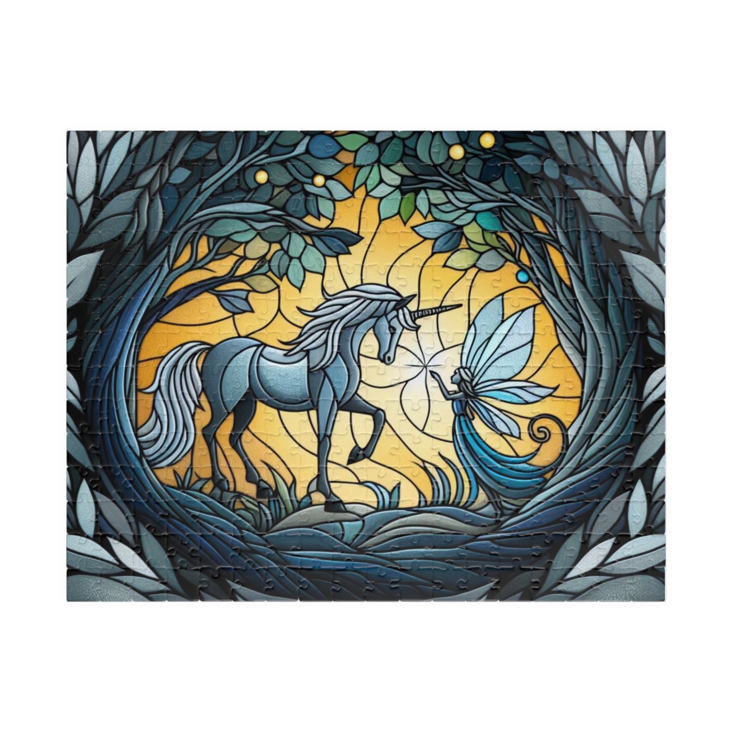 Puzzle: Stained Glass Unicorn and Fairy Forest Scene - Brain Teaser, Jigsaw, Family Fun, Great Gift, 110, 252, 520, 1014-piece