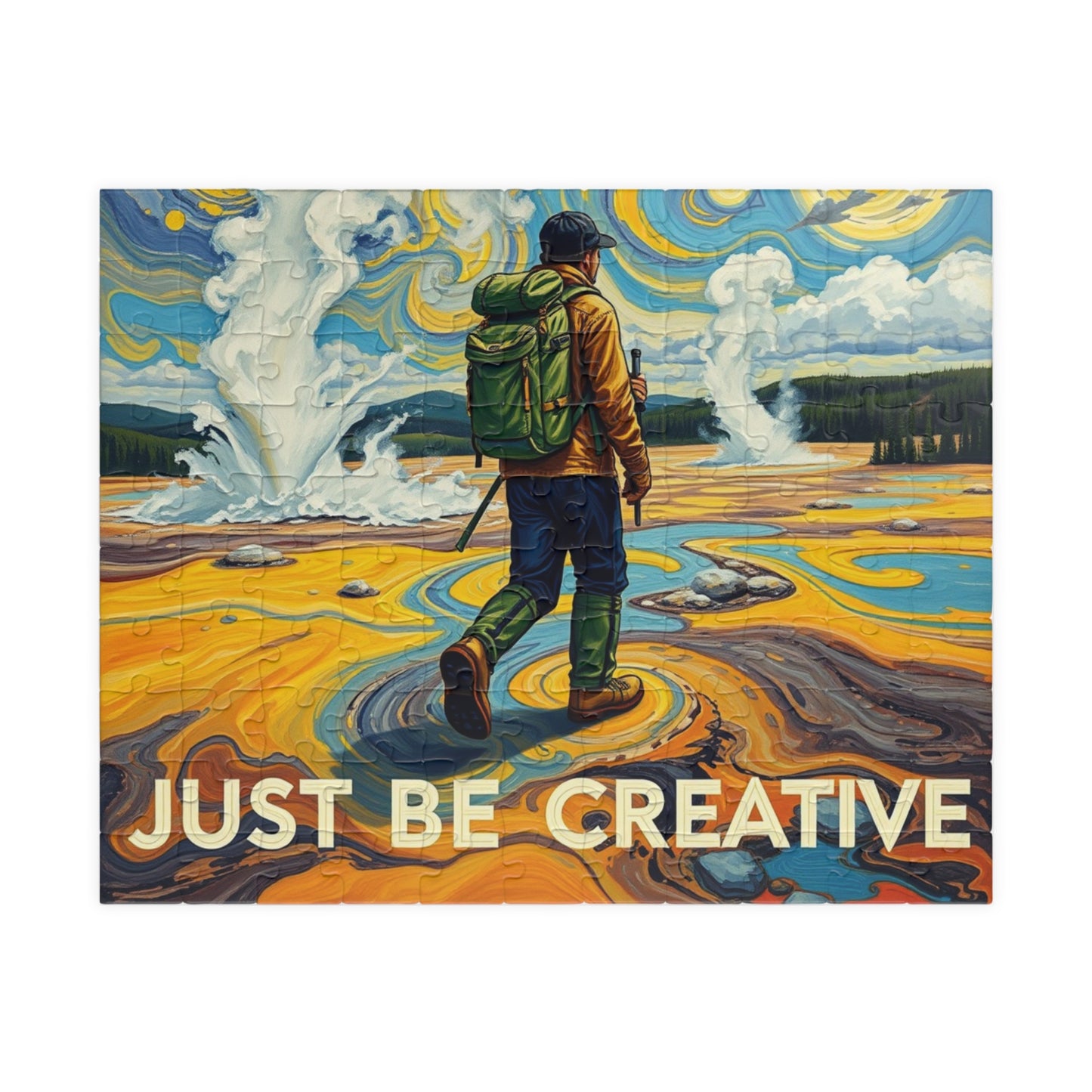 Surreal Old Faithful Hiker Art Puzzle Van Gogh Inspired Yellowstone Dream