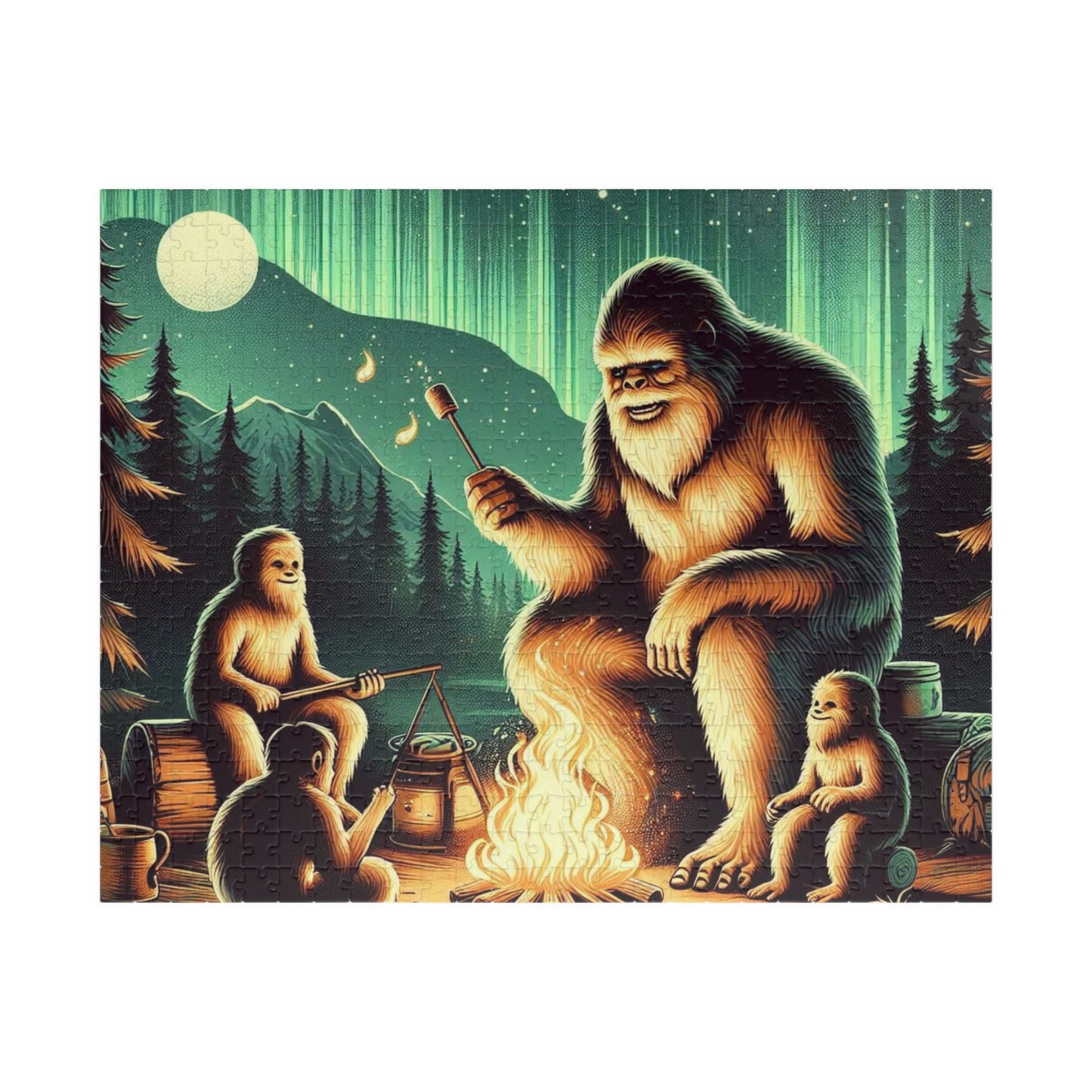 Bigfoot Jigsaw Puzzle, Detailed Minamalist Campout Design Beneath the Northern Lights