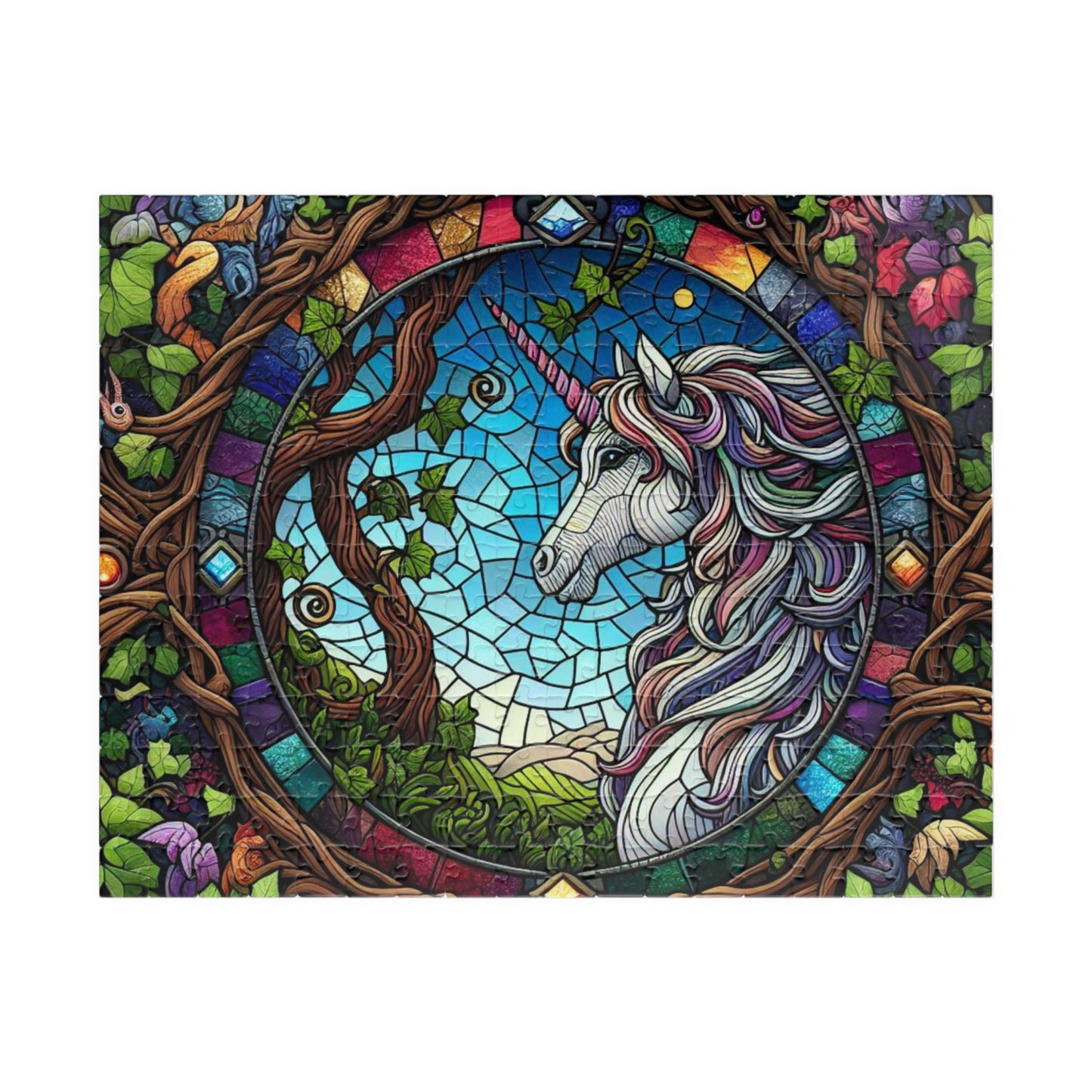 Jigsaw Puzzle, Stained Glass Unicorn Fantasy Forest Design Brain Teaser Game, Gift for Adults and Kids, 520-Piece, Home Activity