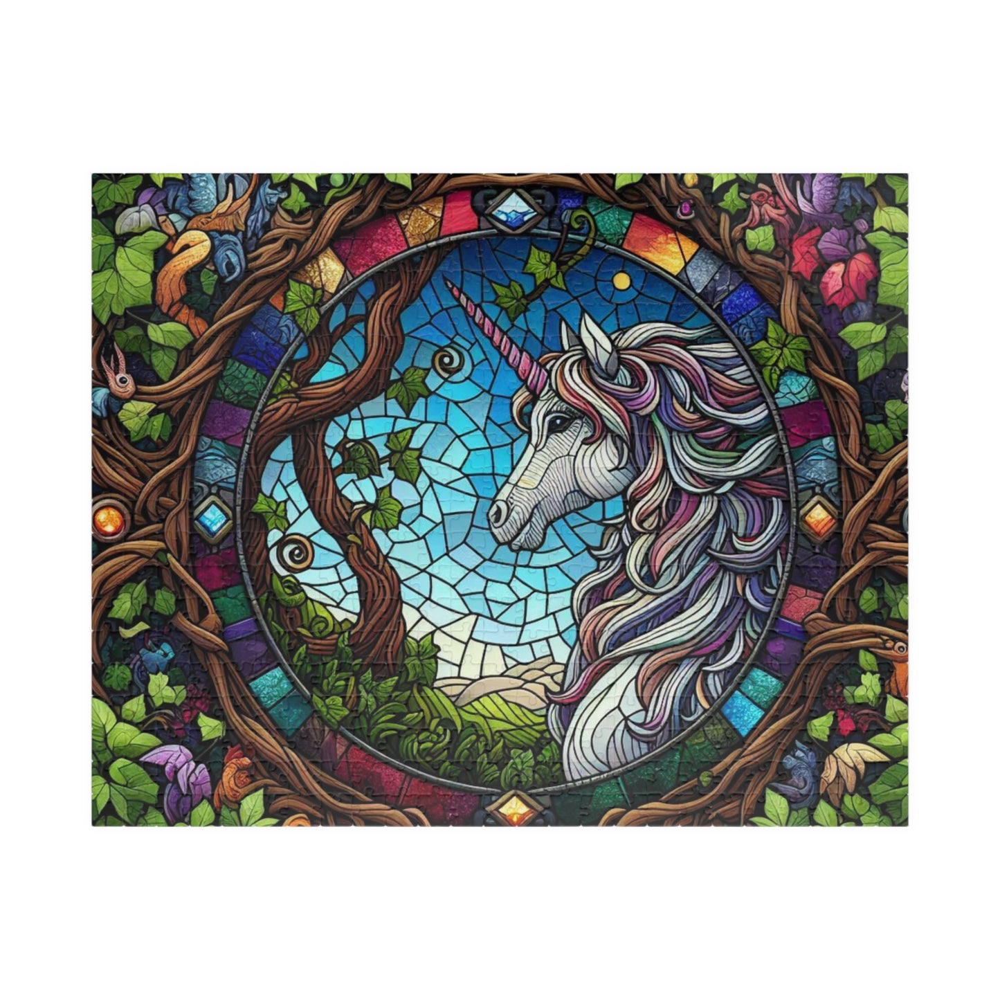 Jigsaw Puzzle, Stained Glass Unicorn Fantasy Forest Design Brain Teaser Game, Gift for Adults and Kids, 520-Piece, Home Activity