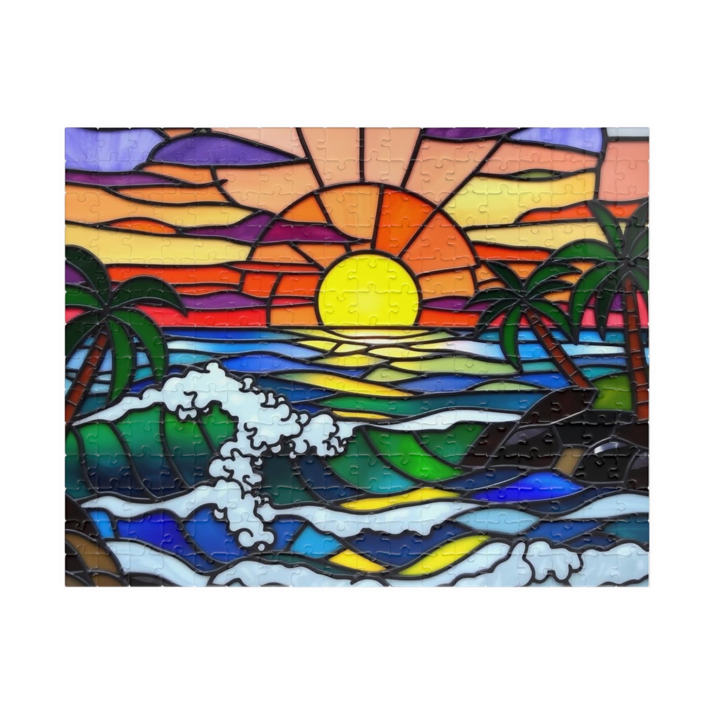 Puzzle, Stained Glass Beach Scene Jigsaw, 110 252 520 1014-Piece, Ocean Life, Sea Creatures, Coastal Puzzle, Relaxing Activity, Mindful